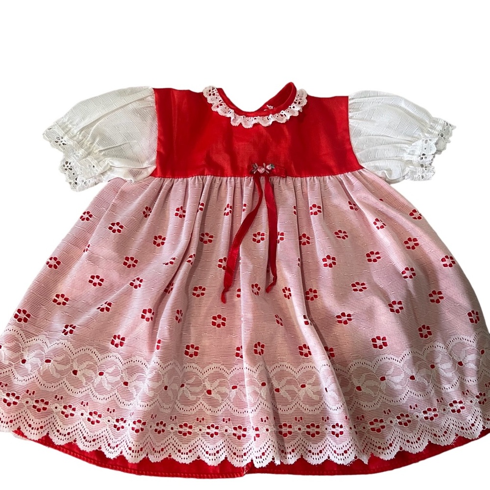 Vintage Jolene Red White Lace Ribbon Ruffles Baby Dress Size 18‎ Months Buttons